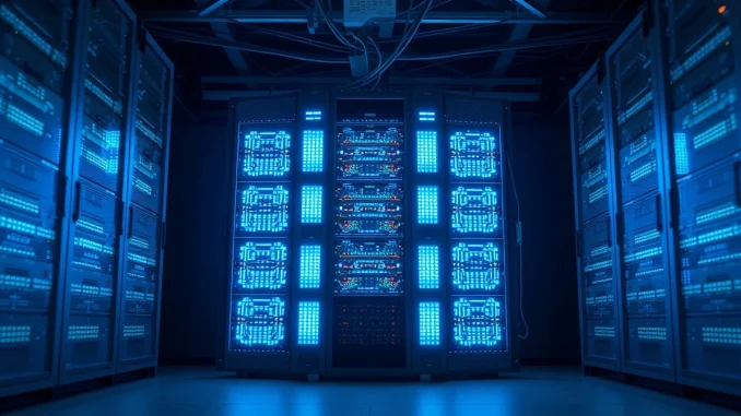 A server rack with glowing nodes representing decentralized AI infrastructure in a data center.