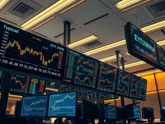 Financial trading monitors displaying cryptocurrency ETF data and charts.