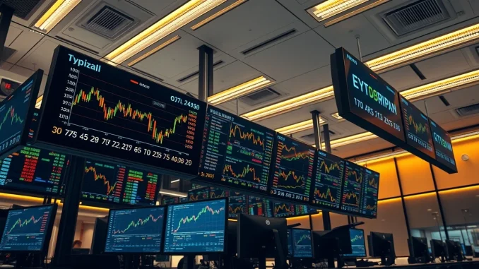 Financial trading monitors displaying cryptocurrency ETF data and charts.