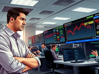 Trader analyzing oil price spike and Middle East conflict news on financial monitors, representing TACO trade risks.