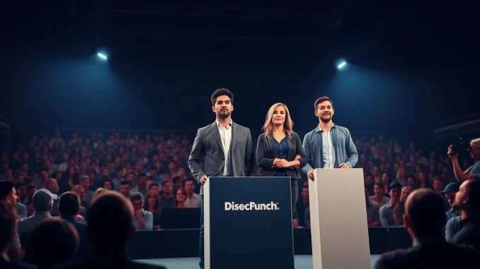 Startup founders pitching on stage at TechCrunch Disrupt for the Startup Battlefield 200 competition.