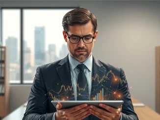 Financial auditor examining Tether USDT reserve data on a digital tablet in a professional office setting.