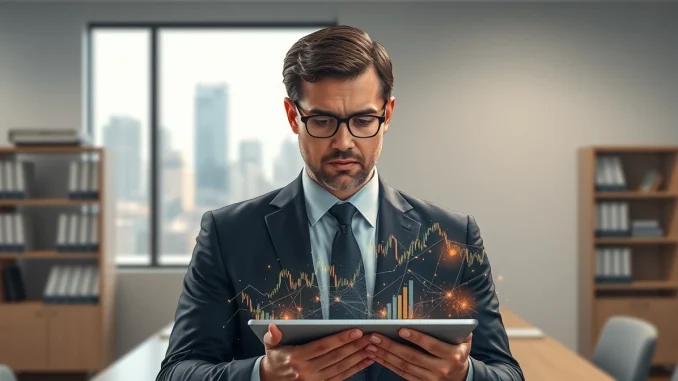 Financial auditor examining Tether USDT reserve data on a digital tablet in a professional office setting.