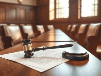 Texas courtroom scene with judge's gavel and legal documents about money transmitter laws and blockchain software