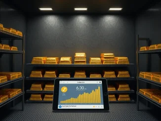 Gold bullion and digital tablet representing Theo's gold-linked yield stablecoin facility.