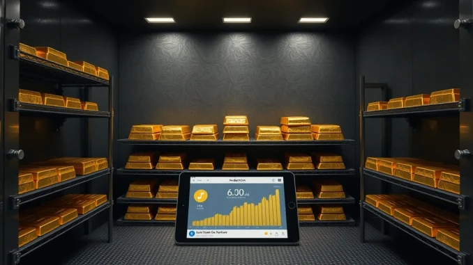 Gold bullion and digital tablet representing Theo's gold-linked yield stablecoin facility.