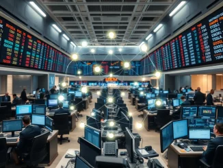 Blockchain network overlay on stock trading floor representing tokenized RWAs reaching $2.5B volume