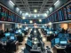 Blockchain network overlay on stock trading floor representing tokenized RWAs reaching $2.5B volume
