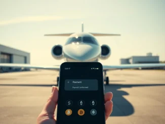 Private jet on tarmac with crypto payment confirmation on phone, representing Transacta and CryptoJets partnership for aviation crypto payments.