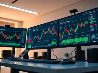 Analyst reviewing TRON cryptocurrency charts and blockchain data on trading desk monitors.