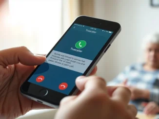 Smartphone showing Truecaller app with scam call warning alert for family protection.