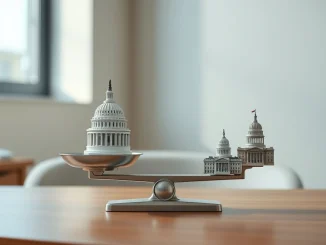 Symbolic scale balancing US Capitol and state capitols representing Trump's AI framework preemption debate.