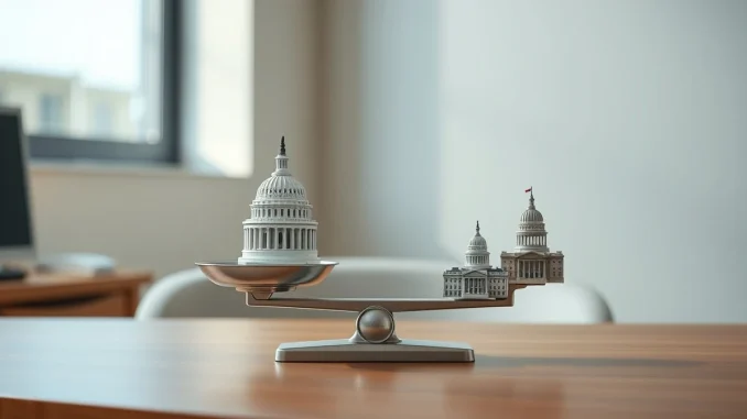 Symbolic scale balancing US Capitol and state capitols representing Trump's AI framework preemption debate.