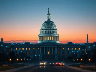US Capitol with blockchain overlay representing Trump's National Cyber Strategy supporting cryptocurrency technology