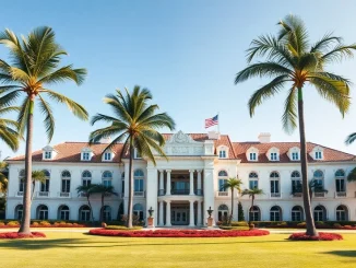 Mar-a-Lago estate where Trump memecoin holders gather for exclusive crypto gala event.