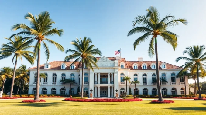 Mar-a-Lago estate where Trump memecoin holders gather for exclusive crypto gala event.