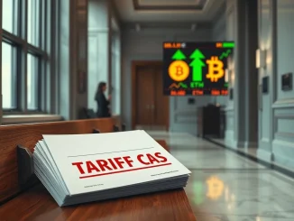 Legal documents from the Supreme Court tariff case alongside a cryptocurrency market ticker showing gains.