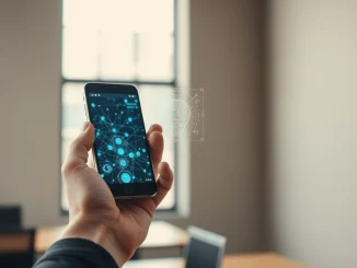Human hand verifying identity on a blockchain network against AI synthetic overlay, representing trust in crypto.