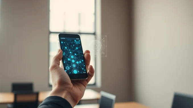 Human hand verifying identity on a blockchain network against AI synthetic overlay, representing trust in crypto.