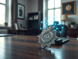 UK police badge and blockchain visualization symbolizing the 2026 crypto fraud strategy.