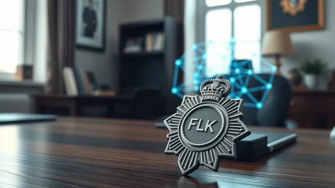 UK police badge and blockchain visualization symbolizing the 2026 crypto fraud strategy.