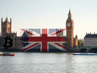 UK Parliament with cryptocurrency symbols representing the political donations ban