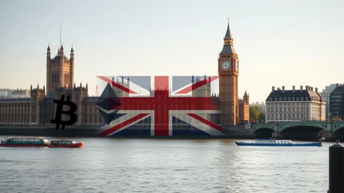 UK Parliament with cryptocurrency symbols representing the political donations ban