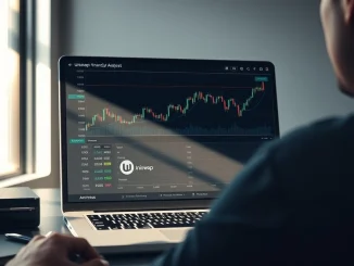 Analyst reviewing Uniswap UNI token price chart and market data on a laptop.