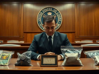 Courtroom scene for the Uranium Finance $54 million crypto hack case with evidence displayed.
