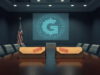 Government security concerns over Elon Musk's Grok AI in a classified briefing room setting.