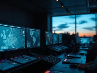 Modern military command center with digital displays showing tactical data.