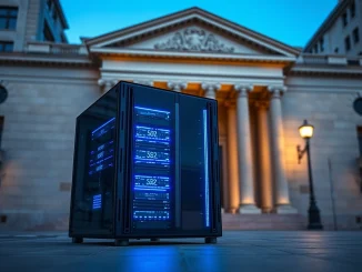 Blockchain server nodes in front of traditional bank building representing financial institution digital assets transition.