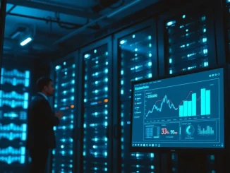 Secure bank data center with executive monitoring a tokenized deposit platform dashboard.