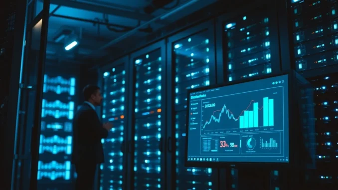 Secure bank data center with executive monitoring a tokenized deposit platform dashboard.