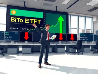 Analyst reviewing divergent flows for US Bitcoin ETFs and altcoin funds on market data screens.