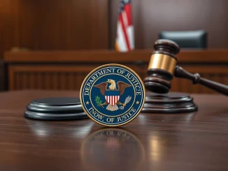 US Department of Justice seal with blockchain imagery representing the $3.4 million Tether forfeiture case.