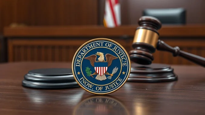 US Department of Justice seal with blockchain imagery representing the $3.4 million Tether forfeiture case.