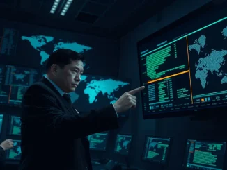 Law enforcement officer analyzing cryptocurrency transaction data linked to the $580M DOJ seizure from Chinese crime networks.