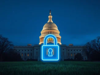 US Capitol at dusk with digital padlock symbolizing the Senate's CBDC ban in the 21st Century Road to Housing Act.