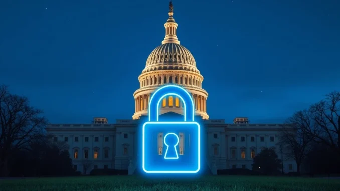 US Capitol at dusk with digital padlock symbolizing the Senate's CBDC ban in the 21st Century Road to Housing Act.