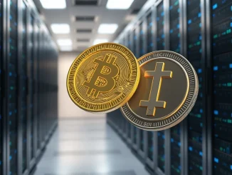 USDC stablecoin surpassing Tether USDT as transaction volume hits a record $1.8 trillion in February 2026.