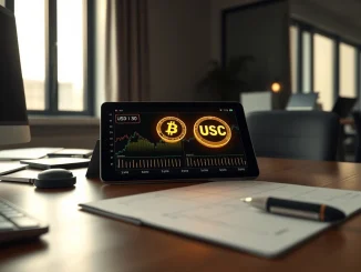 Analyst desk with tablet showing USDC and USDT transaction volume data charts.
