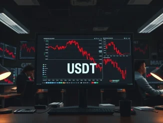 Trading desk monitors show a USDT liquidity crunch amid market volatility.