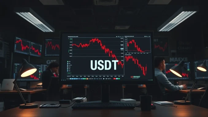 Trading desk monitors show a USDT liquidity crunch amid market volatility.