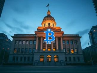 Vancouver City Hall with digital Bitcoin symbol representing the rejected municipal cryptocurrency reserve proposal.