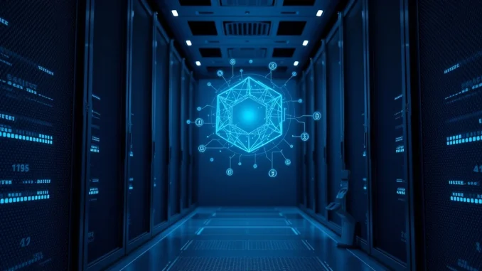 AI agent processing secure digital payments in a fintech data center, representing new Visa and Tempo tools.