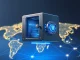 Vlightup's TRUSTAUTHY-secured digital escrow vault over a global trade map, representing instant XRP Ledger settlement.