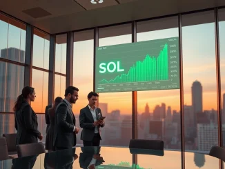 Wall Street professionals analyze Solana ETF investment data on a trading floor display.