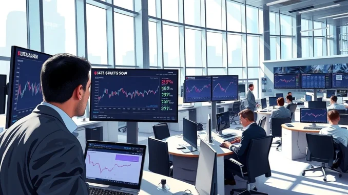Financial analyst monitors Solana ETF data on trading floor as institutional investment surges