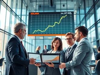 Wall Street analysts review Solana ETF investment data on a trading floor.